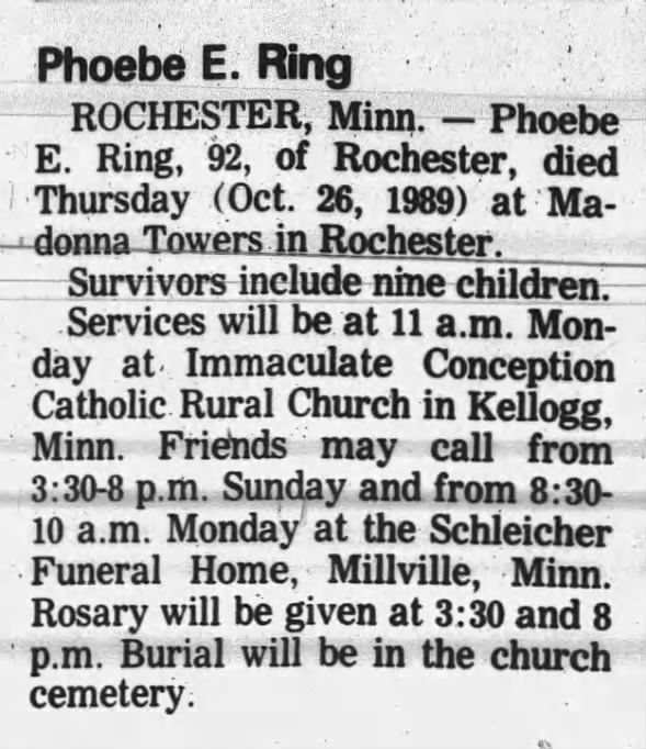 Obituary for Phoebe E. Ring (Aged 92)